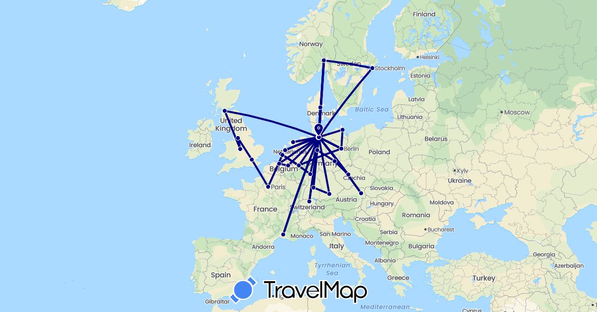 TravelMap itinerary: driving in Austria, Belgium, Switzerland, Czech Republic, Germany, Denmark, France, United Kingdom, Netherlands, Norway, Sweden (Europe)